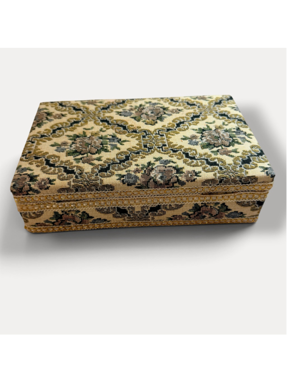 Vintage Floral Tapestry Jewelry Box Red Velvet Interior Mirror Gold Trim - Picture 10 of 16